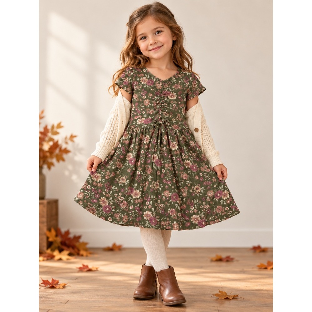 Little Lass Ribbed Knit Fall Floral Dress Cinched Bow Olive Green Girls Size 5